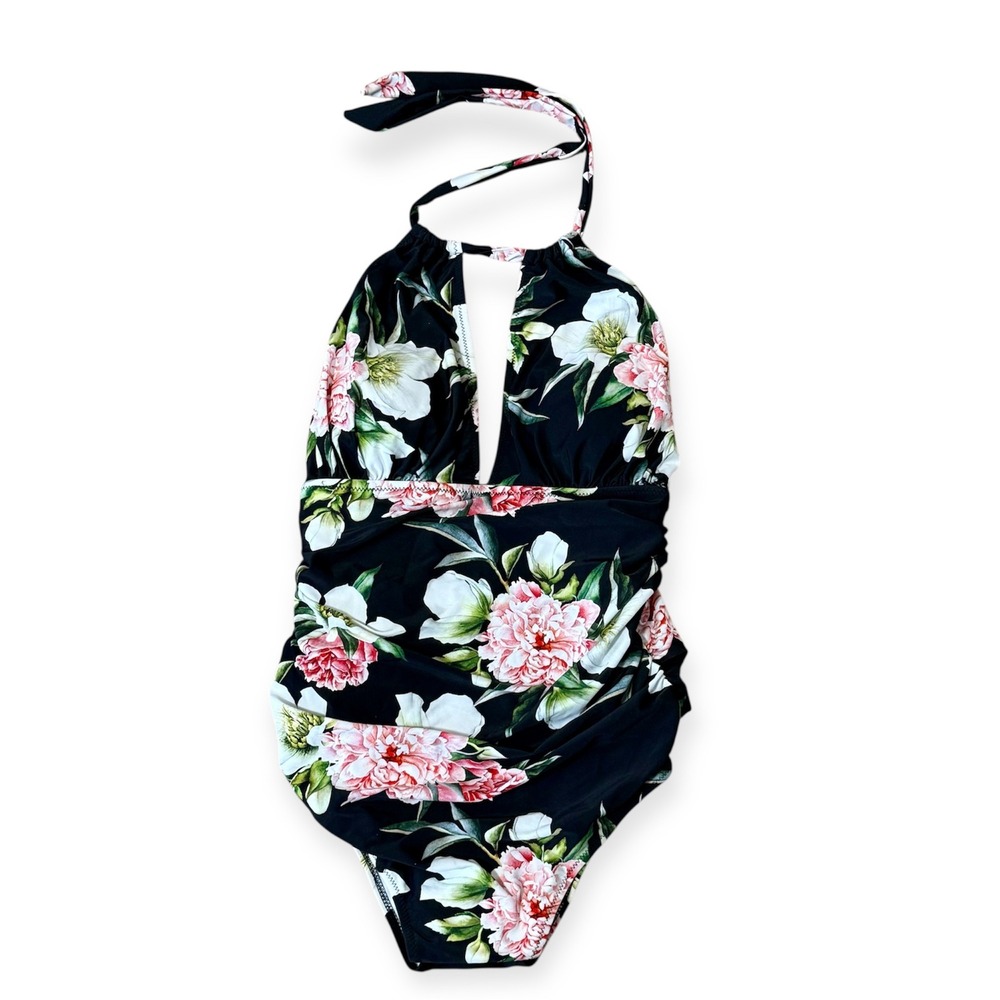 CUPSHE Black Floral Halter‎ One Piece Swimsuit Ruched Side Women's XL New w/Tags